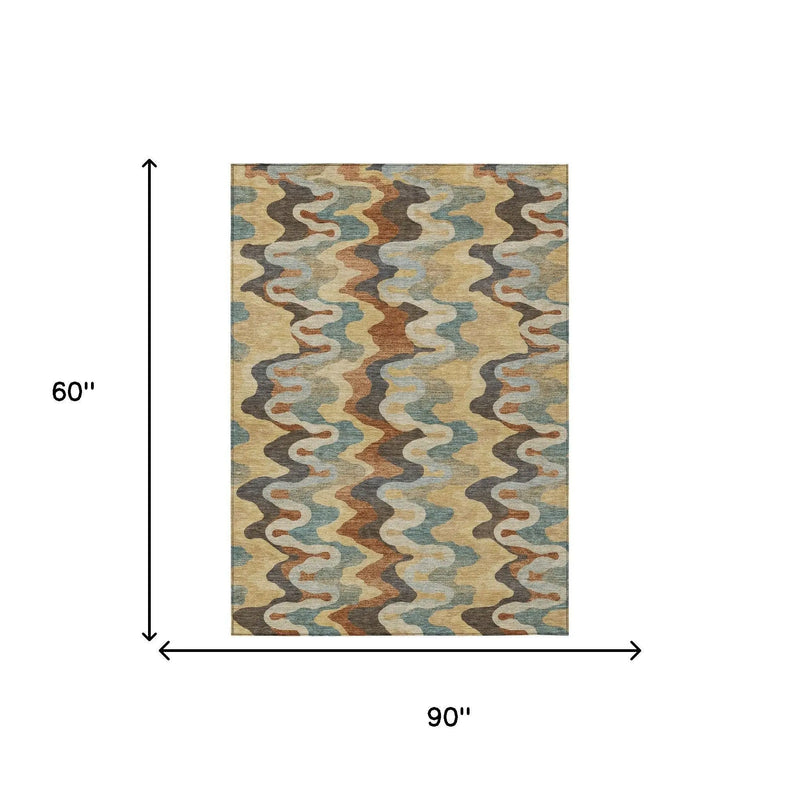 5' X 8' Gold And Wheat Abstract Washable Indoor Outdoor Area Rug Homeroots Outdoor