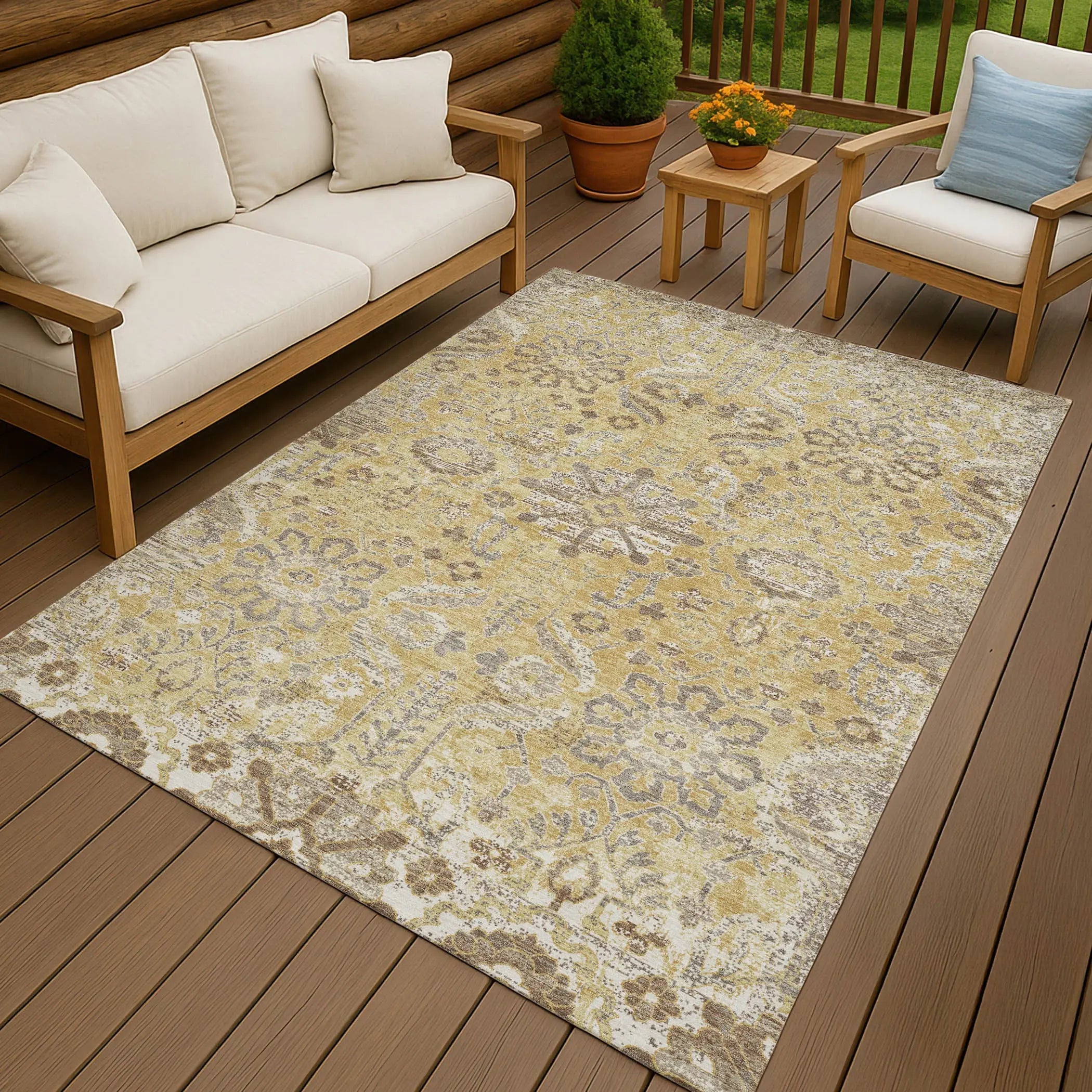 5' X 8' Gold And Wheat Damask Washable Indoor Outdoor Area Rug Homeroots Outdoor