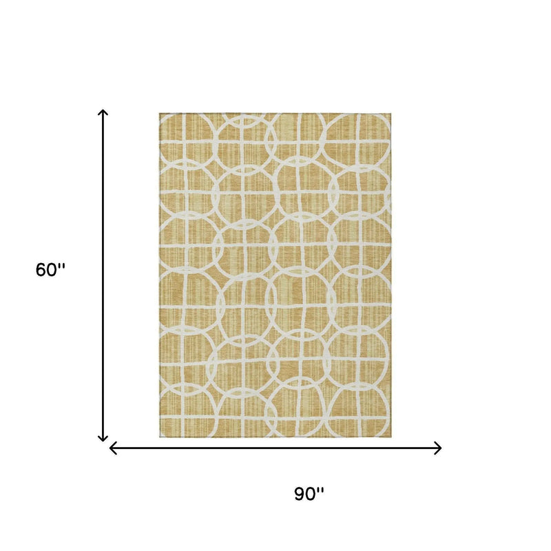 5' X 8' Gold And Wheat Geometric Washable Indoor Outdoor Area Rug Homeroots Outdoor