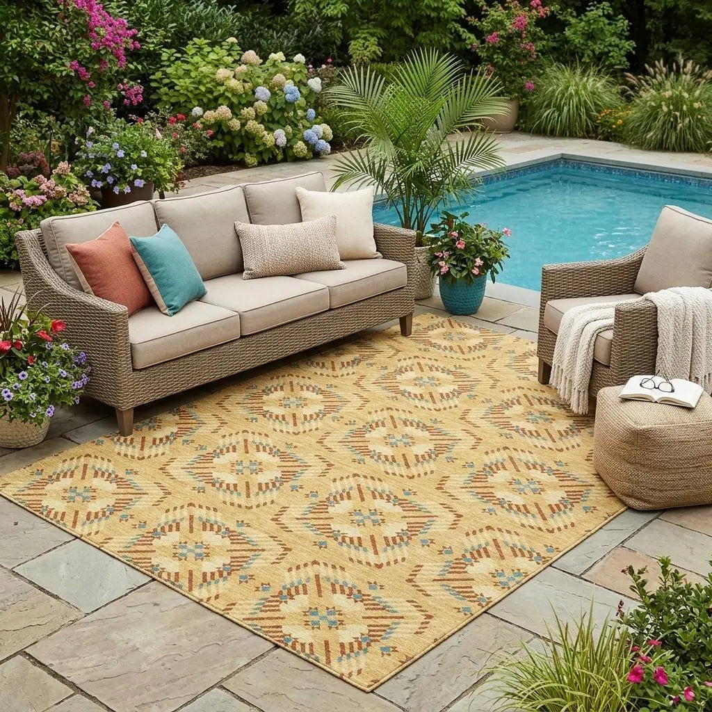 5' X 8' Gold And Wheat Geometric Washable Indoor Outdoor Area Rug Homeroots Outdoor