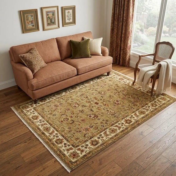 5' X 8' Gold Ivory And Red Wool Oriental Hand Knotted Area Rug With Fringe Homeroots Home Decor