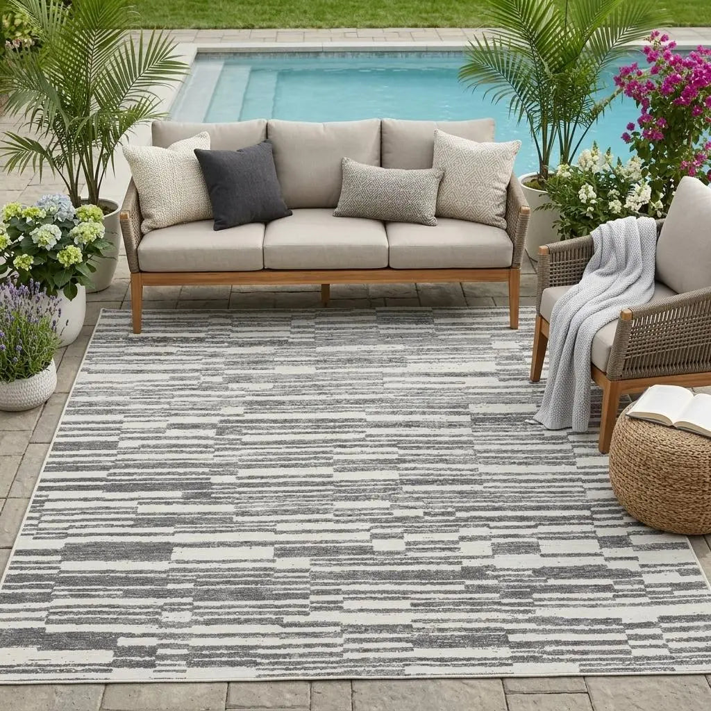 5' X 8' Graphite And Gray Striped Washable Indoor Outdoor Area Rug Homeroots Outdoor