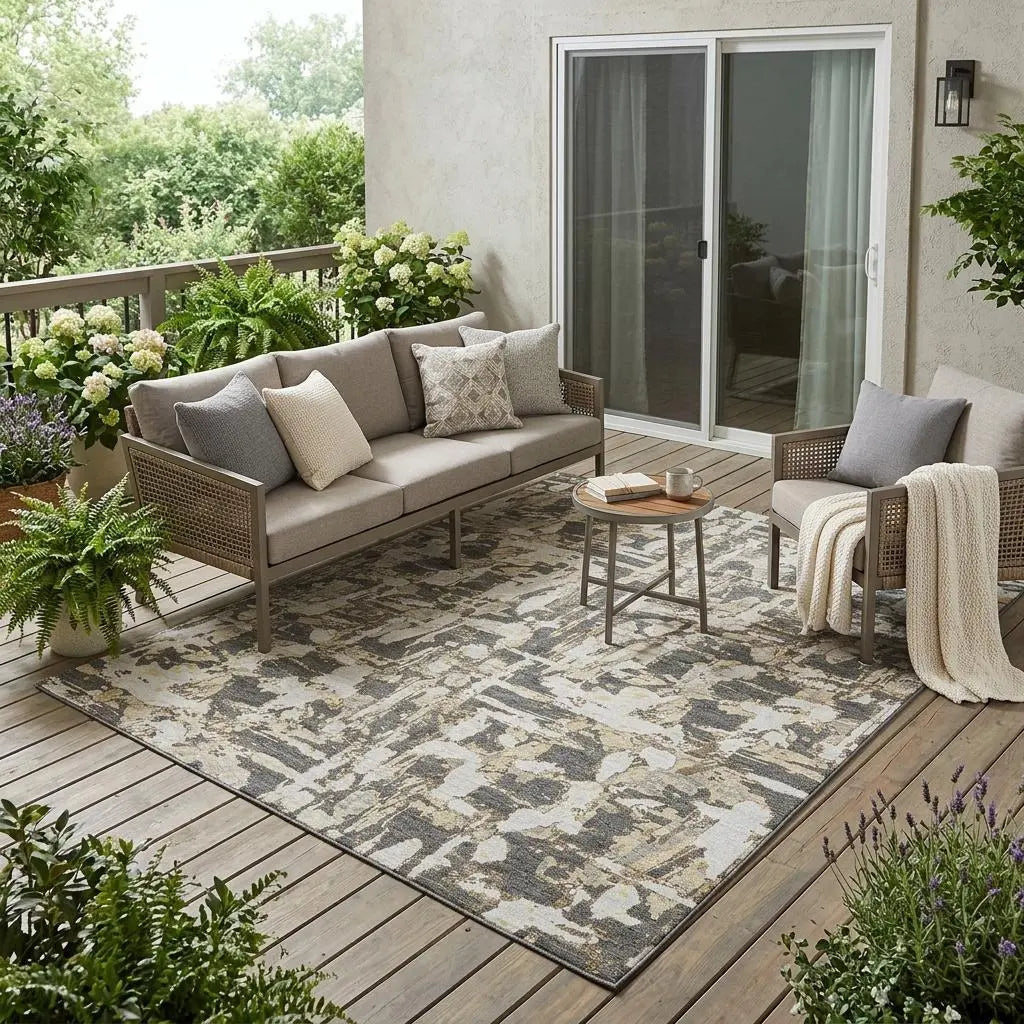 5' X 8' Graphite And Ivory Abstract Washable Indoor Outdoor Area Rug Homeroots Outdoor