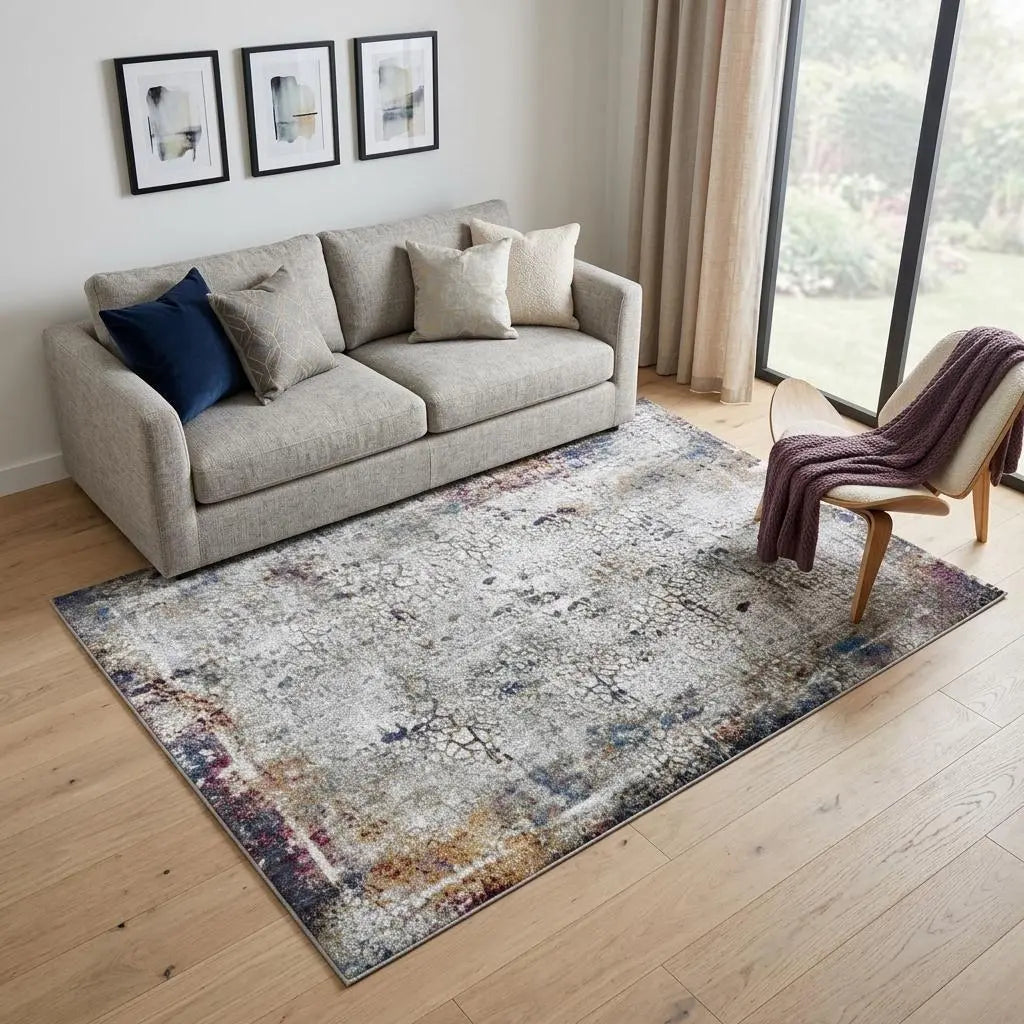 Multicolored vintage-style area rug on light wooden floor, accentuated by a gray sofa and modern chair.