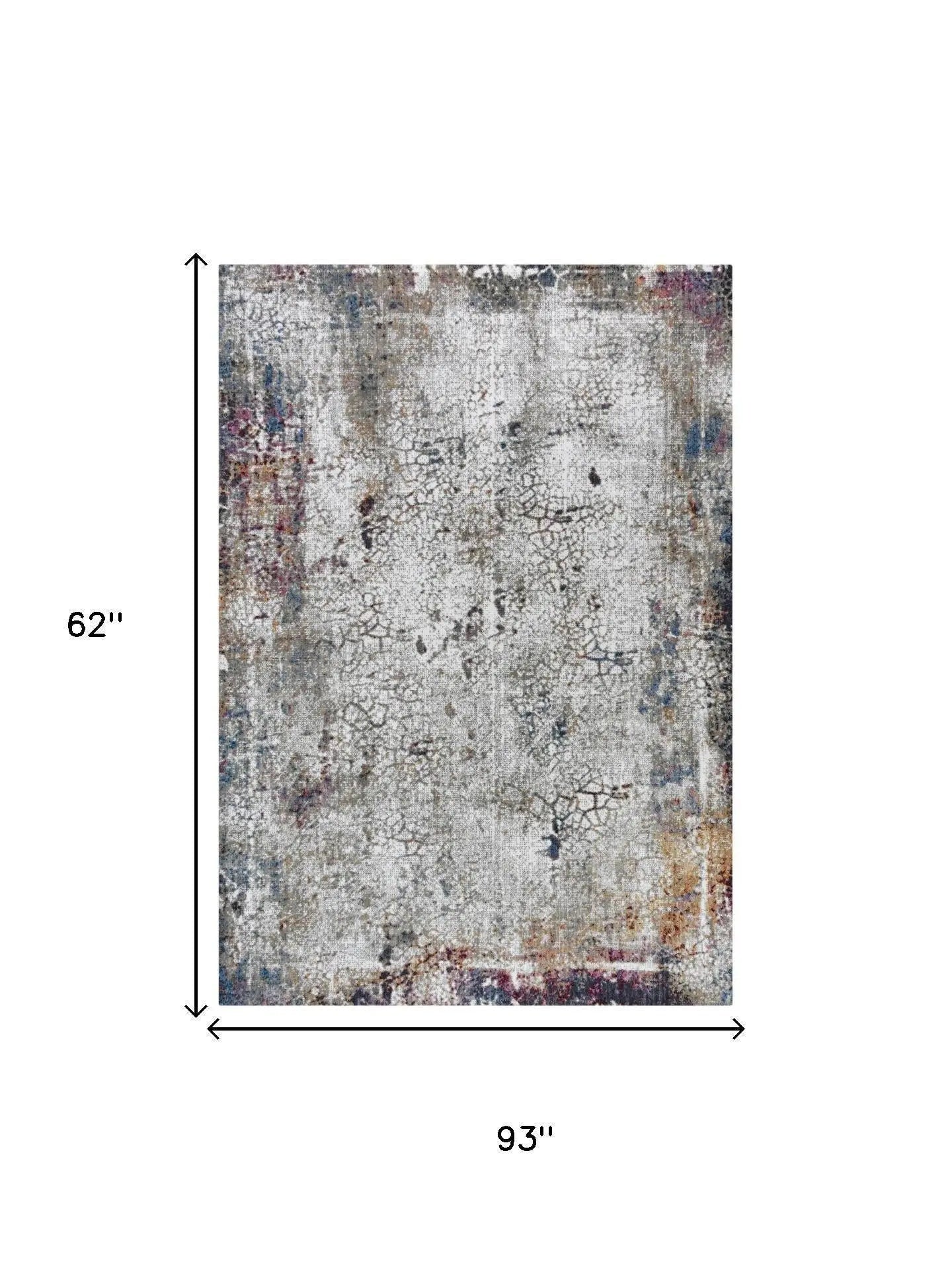 Abstract gray area rug with distressed multicolor accents, 62" x 93", perfect for modern and contemporary decor.