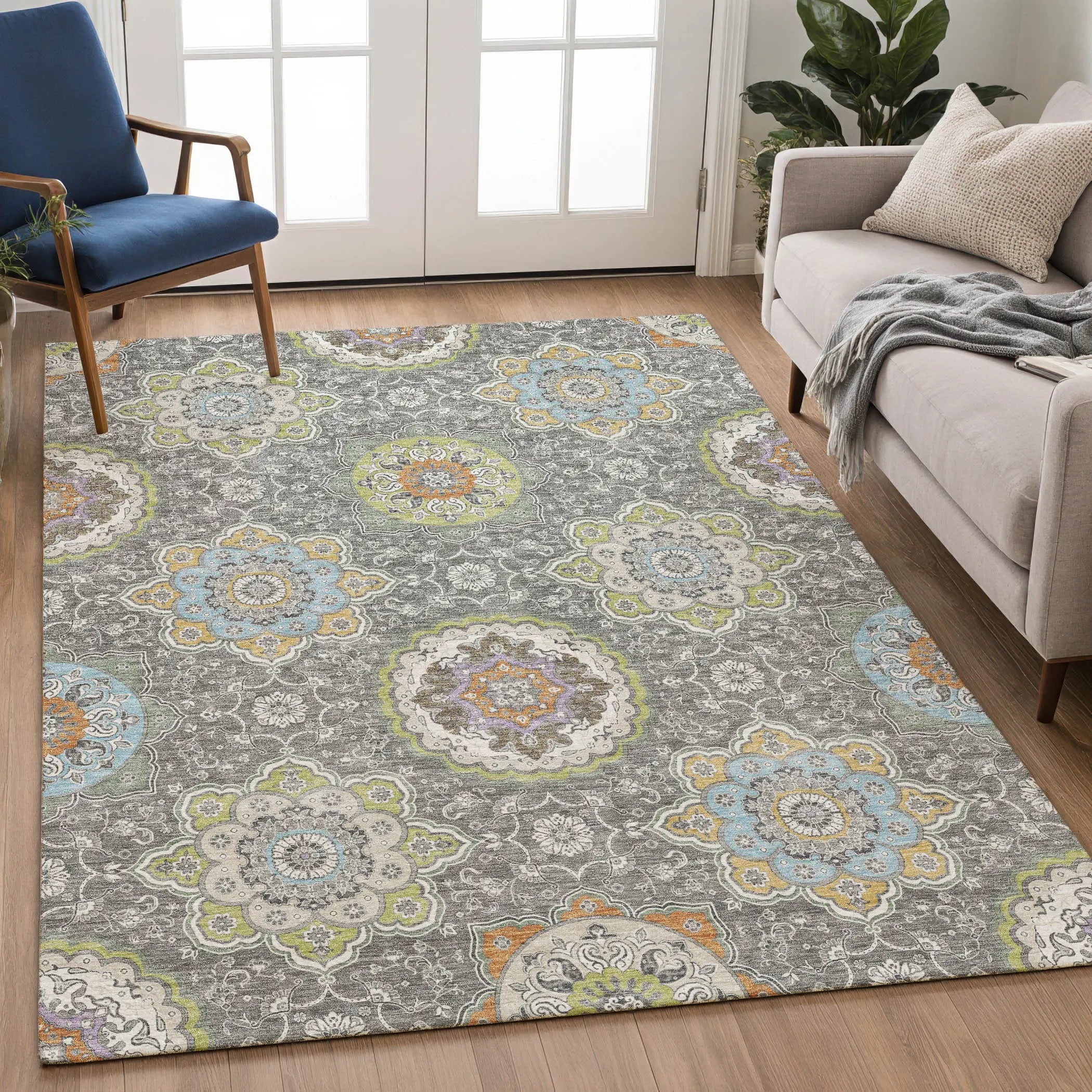 5' X 8' Gray And Brown Floral Medallion Washable Indoor Outdoor Area Rug Homeroots Outdoor