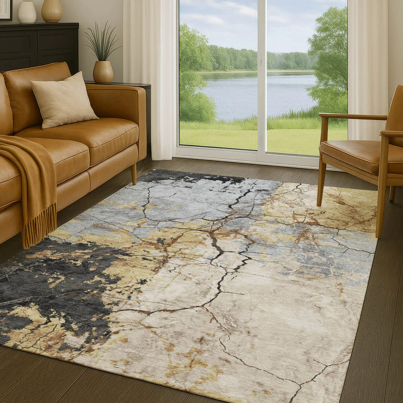 5' X 8' Gray And Gold Abstract Washable Indoor Outdoor Area Rug Homeroots Outdoor