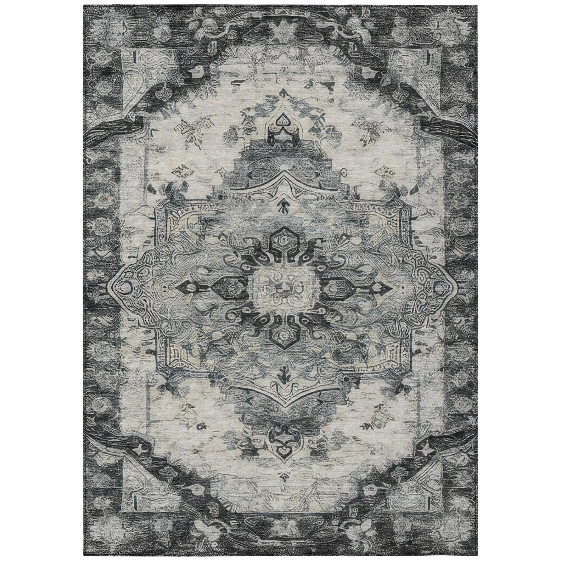 5' X 8' Gray And Graphite Floral Medallion Washable Indoor Outdoor Area Rug Homeroots Outdoor