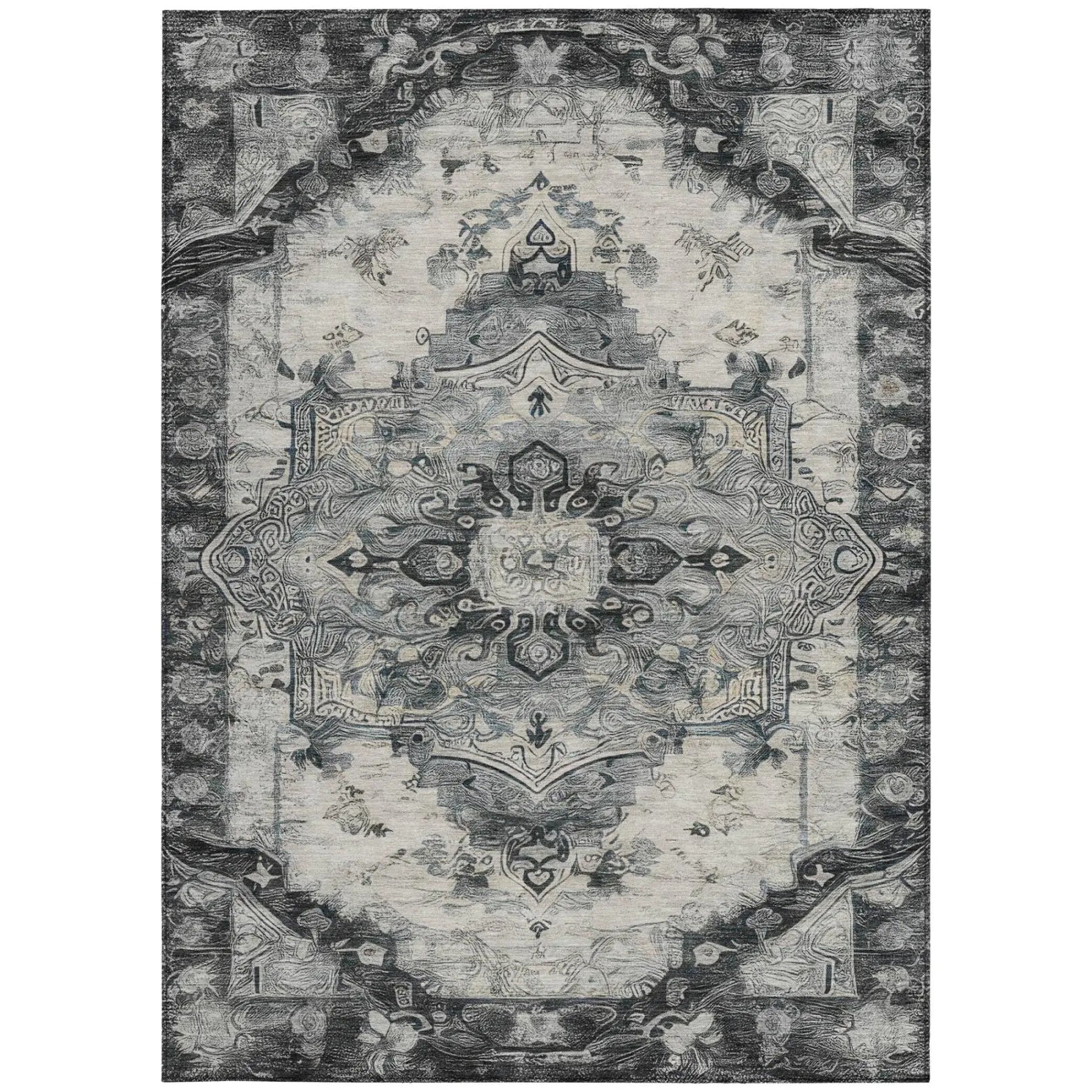5' X 8' Gray And Graphite Floral Medallion Washable Indoor Outdoor Area Rug Homeroots Outdoor