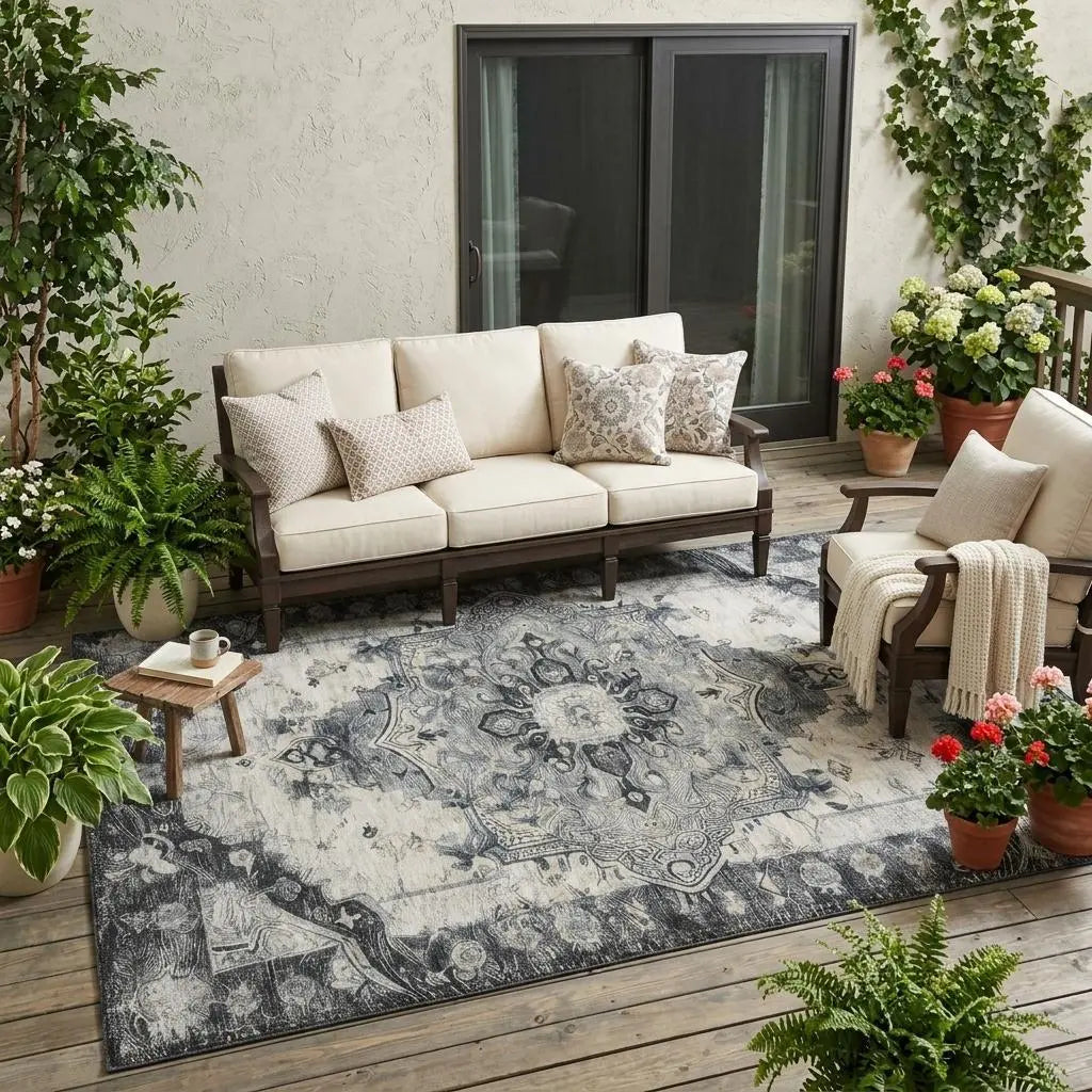 5' X 8' Gray And Graphite Floral Medallion Washable Indoor Outdoor Area Rug Homeroots Outdoor
