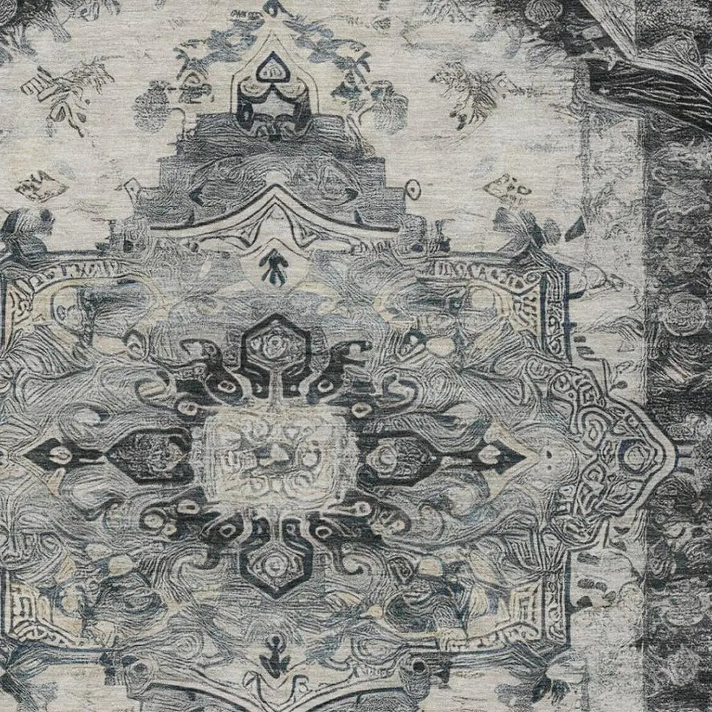 5' X 8' Gray And Graphite Floral Medallion Washable Indoor Outdoor Area Rug Homeroots Outdoor