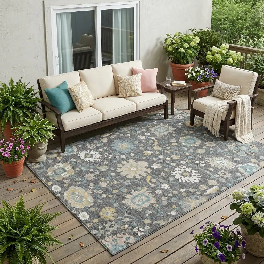 5' X 8' Gray And Graphite Floral Washable Indoor Outdoor Area Rug Homeroots Outdoor