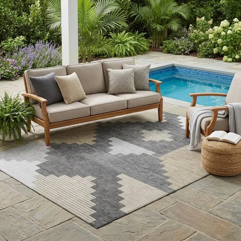 5' X 8' Gray And Graphite Geometric Washable Indoor Outdoor Area Rug Homeroots Outdoor