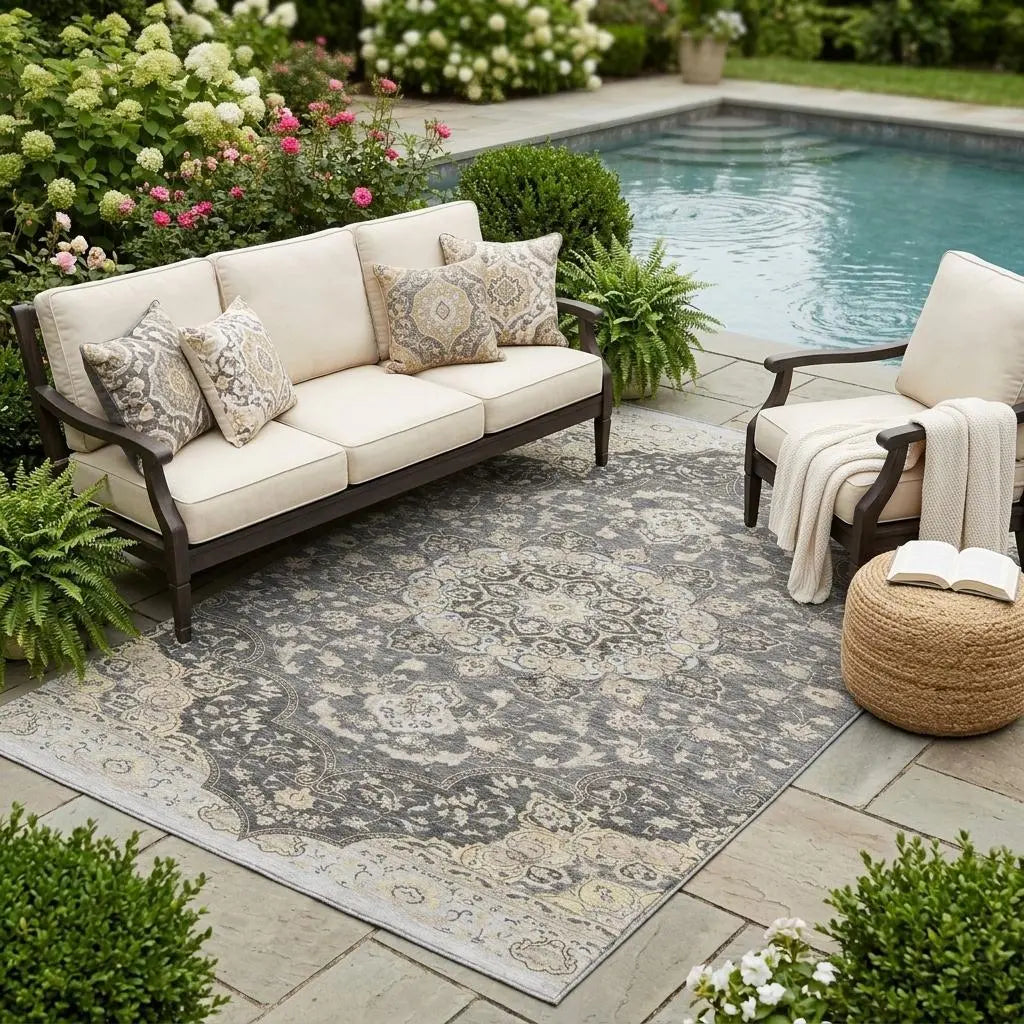 5' X 8' Gray And Graphite Oriental Washable Indoor Outdoor Area Rug Homeroots Outdoor