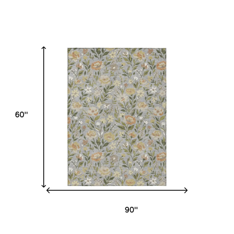 5' X 8' Gray And Green Floral Washable Indoor Outdoor Area Rug Homeroots Outdoor
