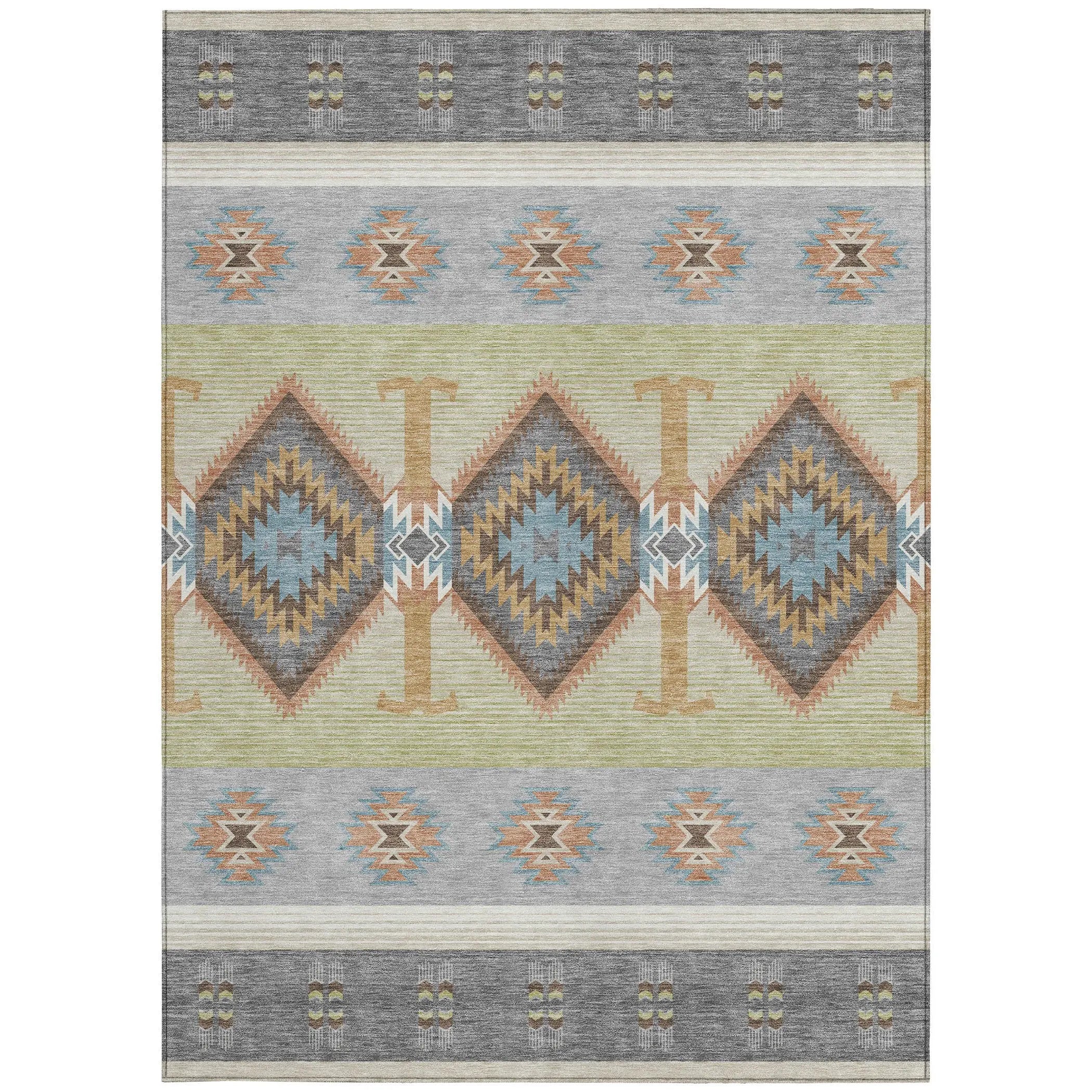 5' X 8' Gray And Green Southwestern Washable Indoor Outdoor Area Rug Homeroots Outdoor
