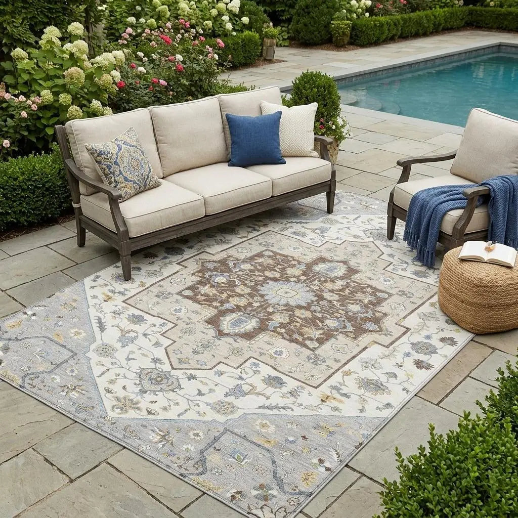 5' X 8' Gray And Ivory Floral Medallion Washable Indoor Outdoor Area Rug Homeroots Outdoor