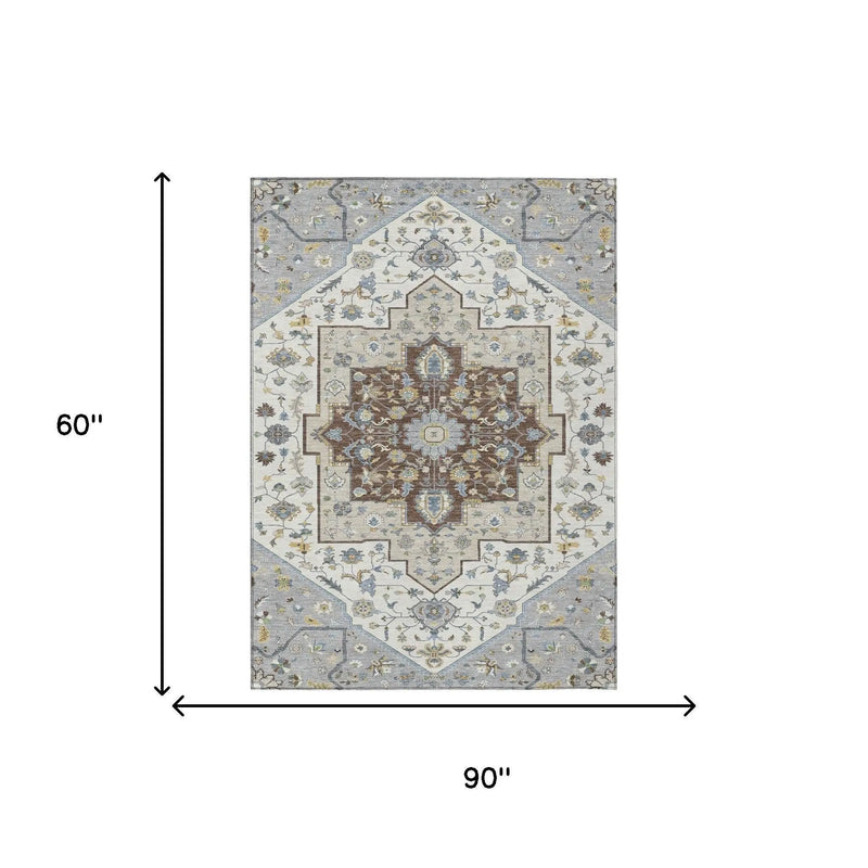 5' X 8' Gray And Ivory Floral Medallion Washable Indoor Outdoor Area Rug Homeroots Outdoor