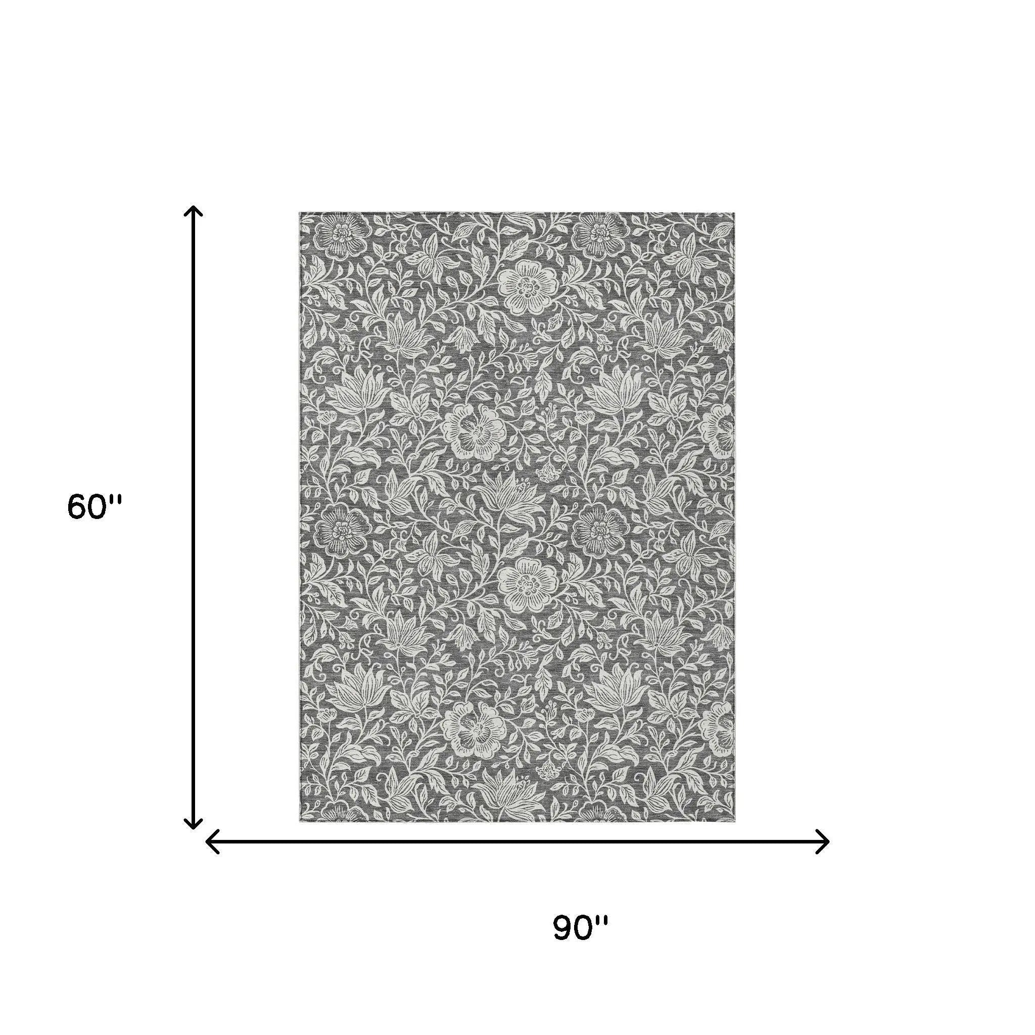 5' X 8' Gray And Ivory Floral Washable Indoor Outdoor Area Rug Homeroots Outdoor