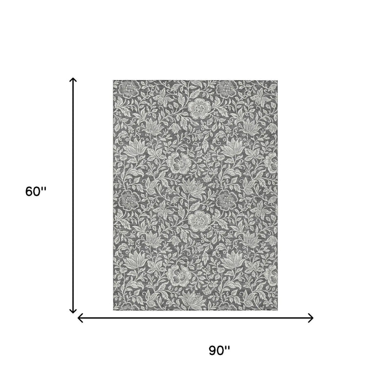 5' X 8' Gray And Ivory Floral Washable Indoor Outdoor Area Rug Homeroots Outdoor