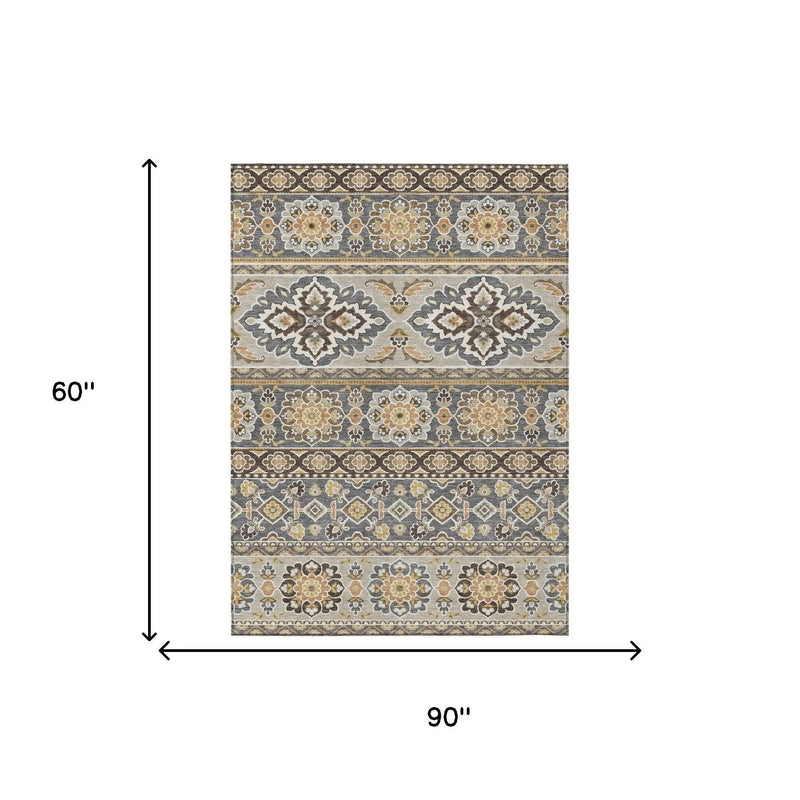 5' X 8' Gray And Ivory Tribal Washable Indoor Outdoor Area Rug Homeroots Outdoor