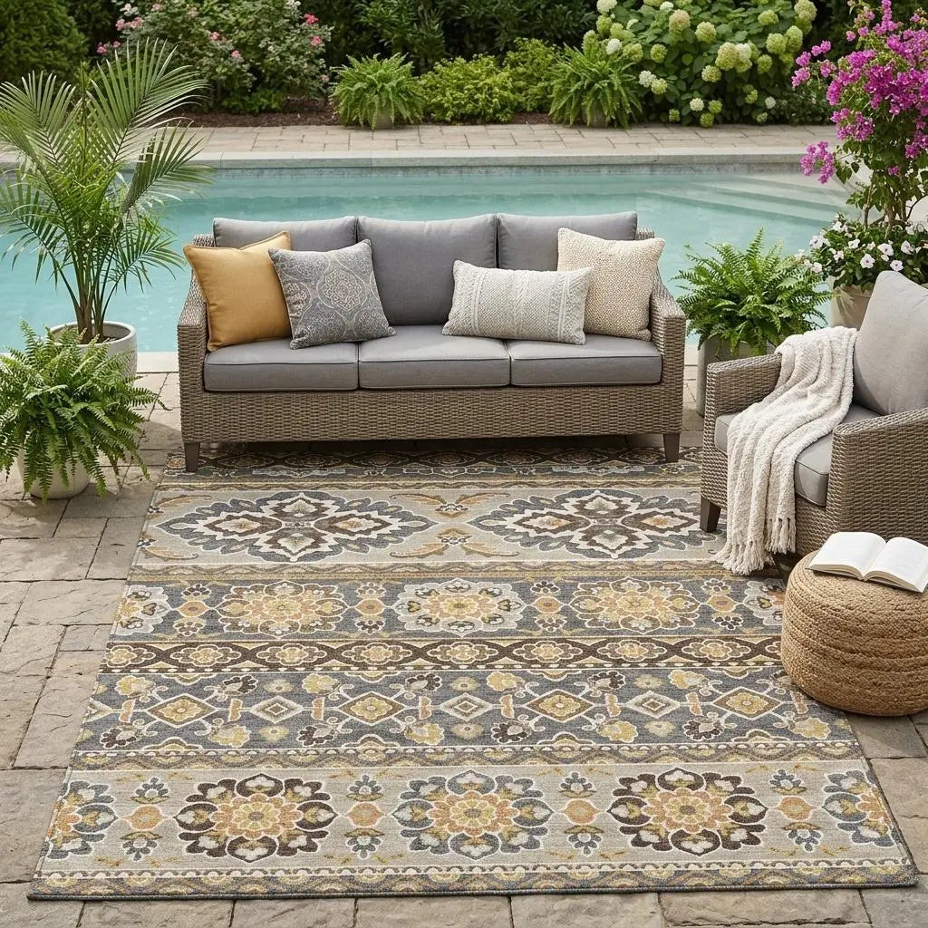 5' X 8' Gray And Ivory Tribal Washable Indoor Outdoor Area Rug Homeroots Outdoor