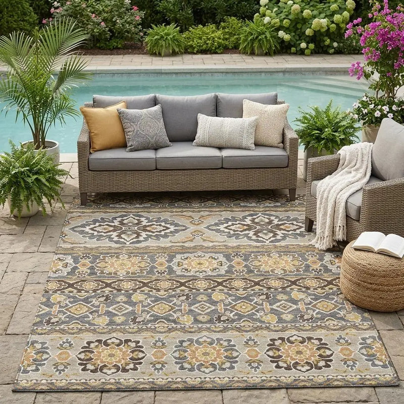 5' X 8' Gray And Ivory Tribal Washable Indoor Outdoor Area Rug Homeroots Outdoor