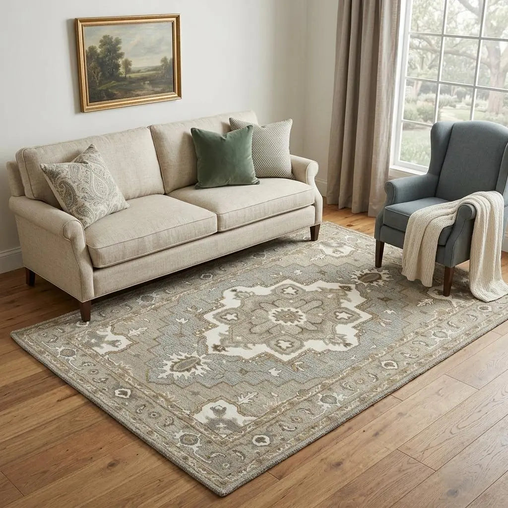 5' X 8' Gray And Natural Wool Medallion Hand Tufted Area Rug Homeroots Home Decor