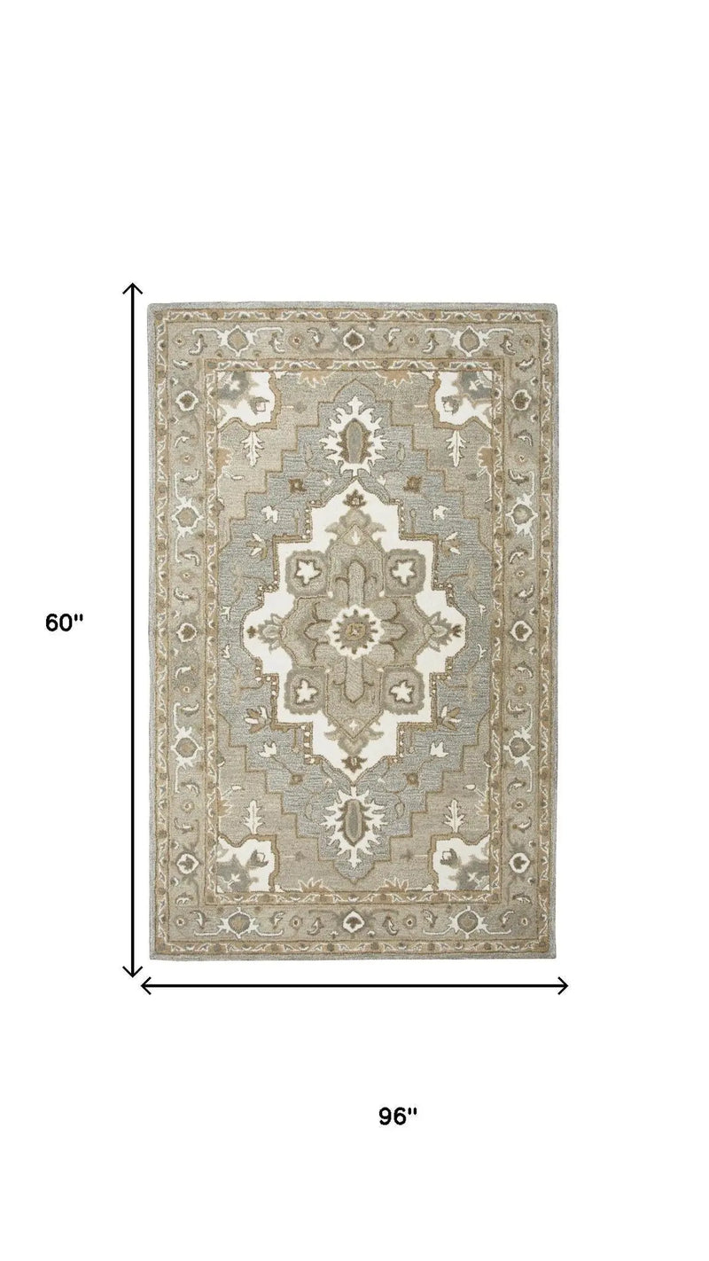 5' X 8' Gray And Natural Wool Medallion Hand Tufted Area Rug Homeroots Home Decor
