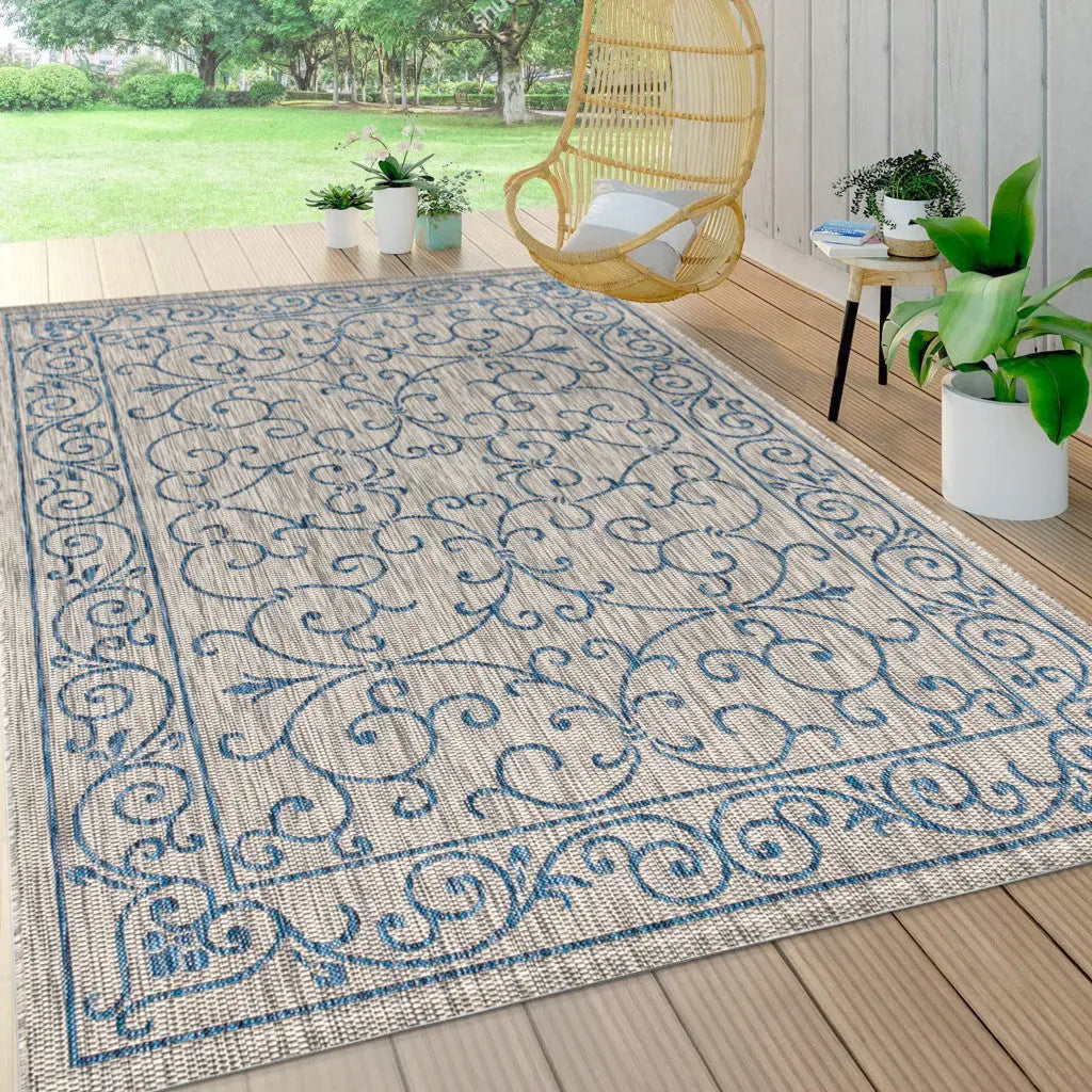 5' X 8' Gray And Navy Blue Medallion Indoor Outdoor Area Rug Homeroots Outdoor