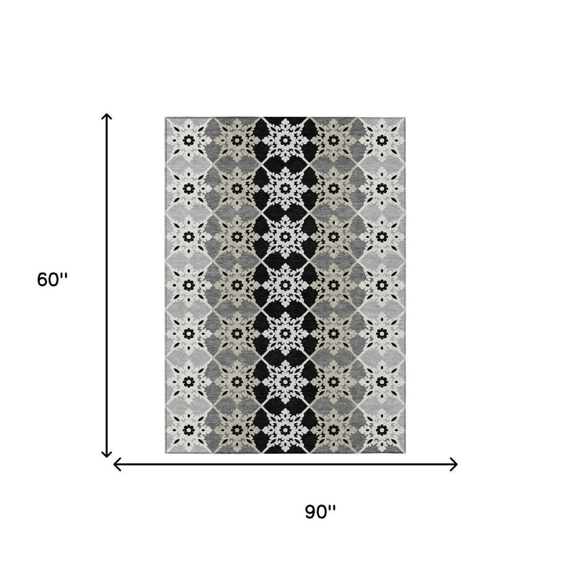 5' X 8' Gray And Pewter Floral Medallion Washable Indoor Outdoor Area Rug Homeroots Outdoor