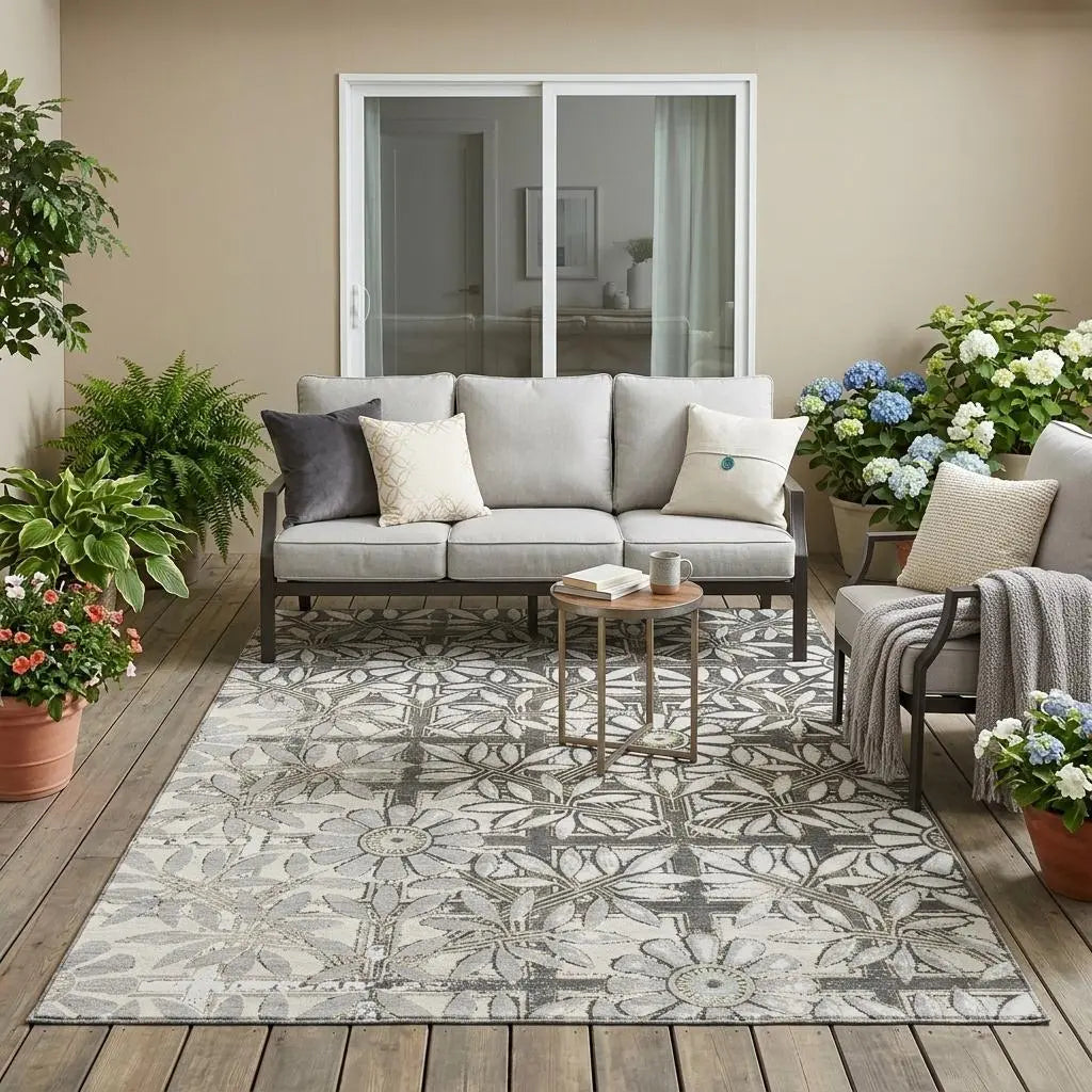 5' X 8' Gray And Pewter Floral Washable Indoor Outdoor Area Rug Homeroots Outdoor