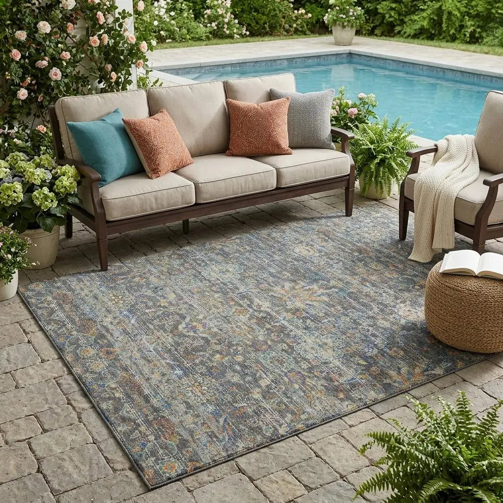 5' X 8' Gray And Silver Floral Medallion Washable Indoor Outdoor Area Rug Homeroots Outdoor