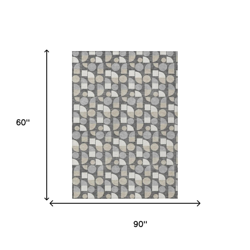 5' X 8' Gray And Silver Geometric Washable Indoor Outdoor Area Rug Homeroots Outdoor