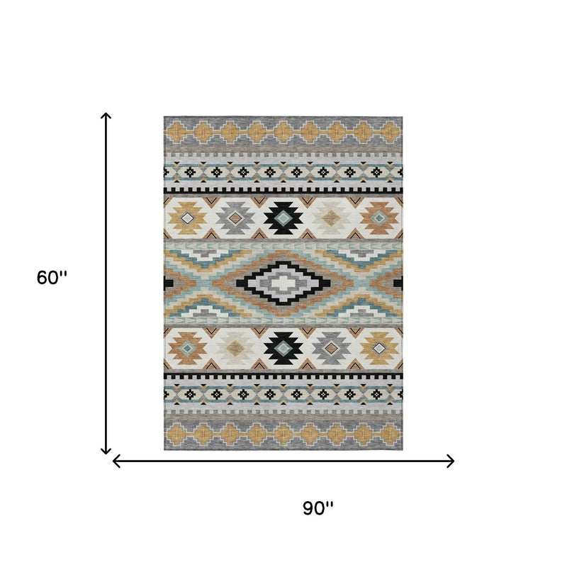 5' X 8' Gray And Silver Southwestern Washable Indoor Outdoor Area Rug Homeroots Outdoor