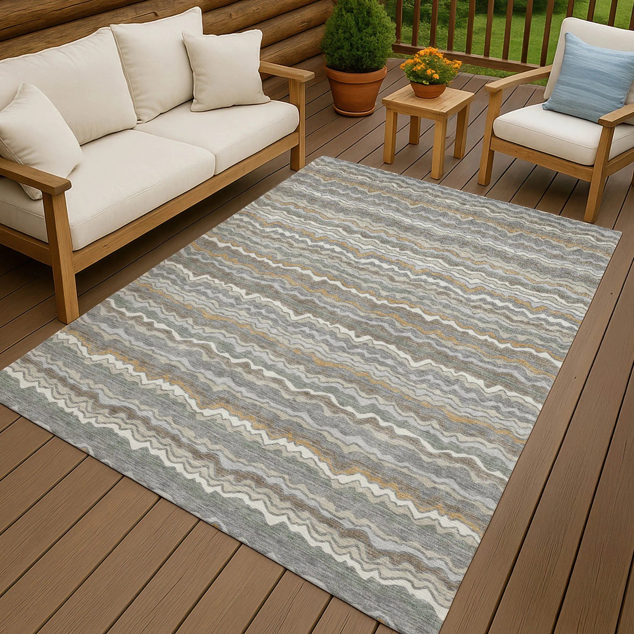 5' X 8' Gray And Silver Striped Washable Indoor Outdoor Area Rug Homeroots Outdoor