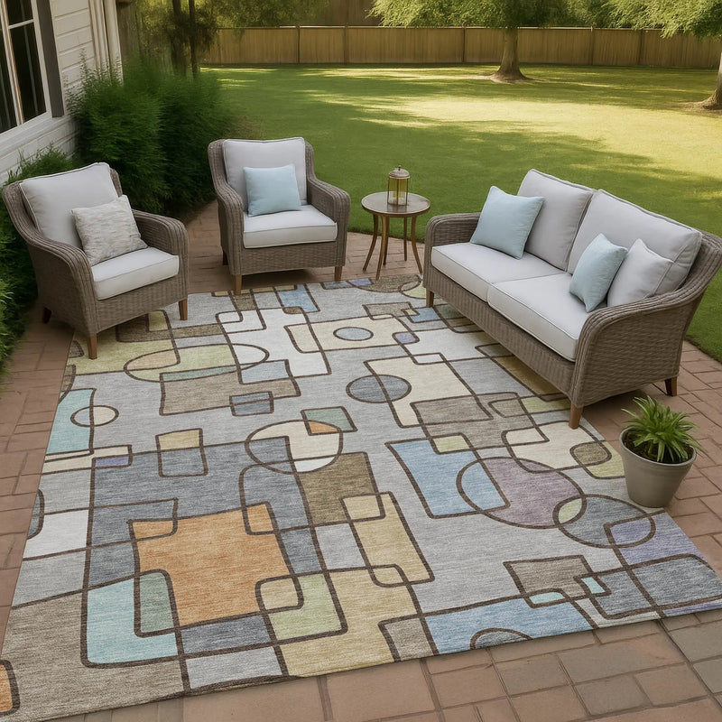 5' X 8' Gray And Sky Blue Geometric Washable Indoor Outdoor Area Rug Homeroots Outdoor
