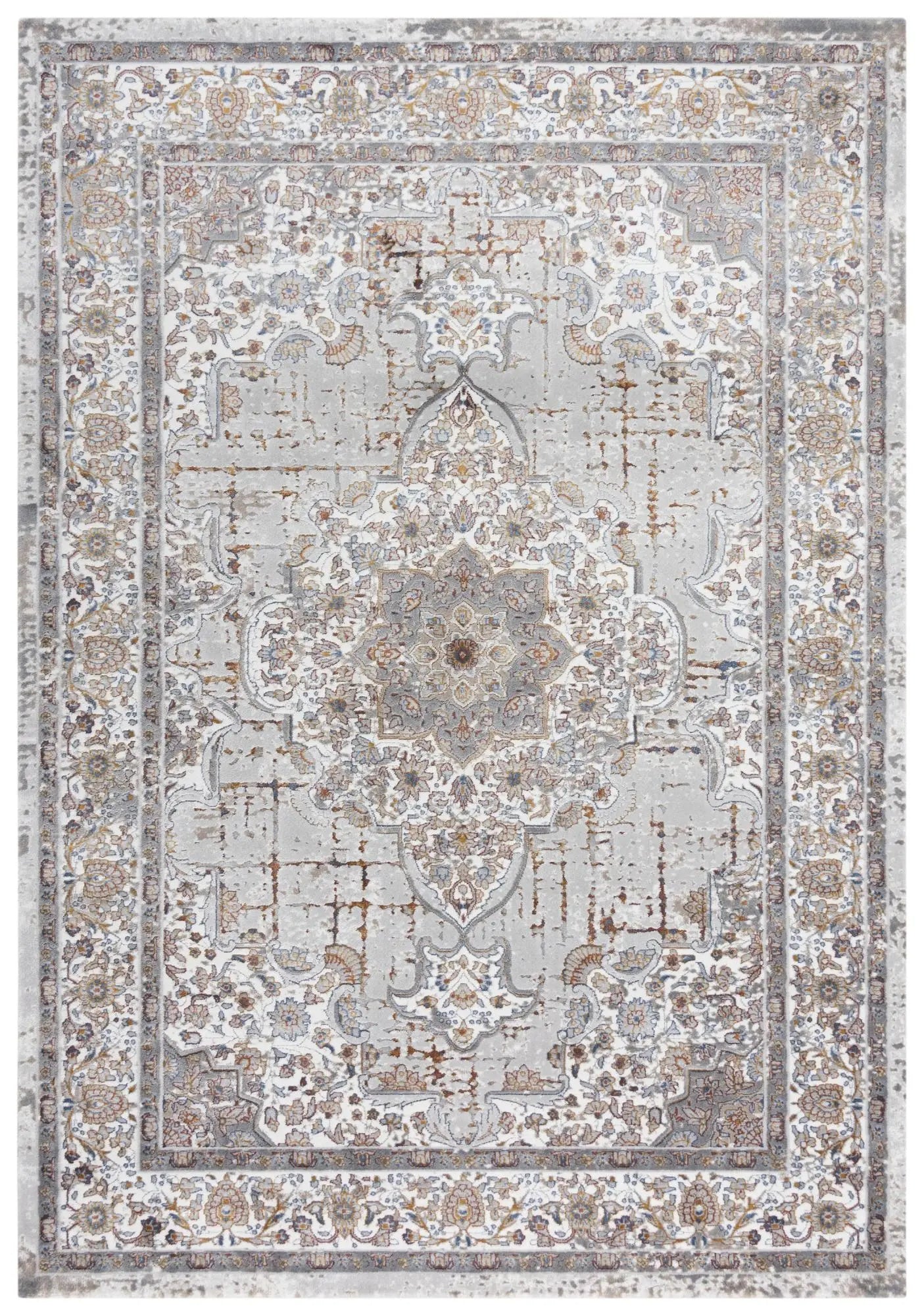 5' X 8' Gray Ivory Red Orange And Blue Medallion Area Rug Homeroots Home Decor