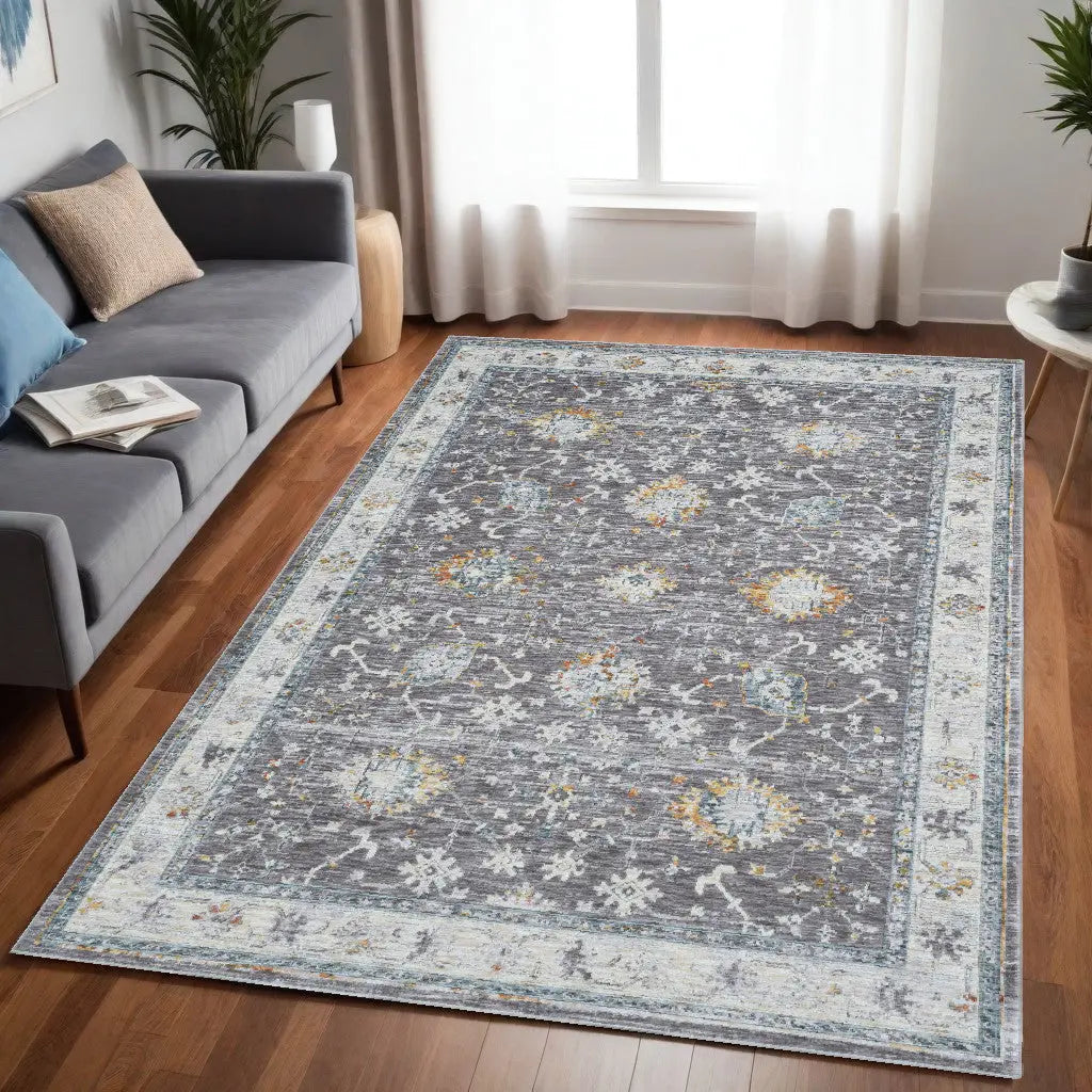 5' X 8' Gray and Ivory Floral Area Rug Homeroots Home Decor