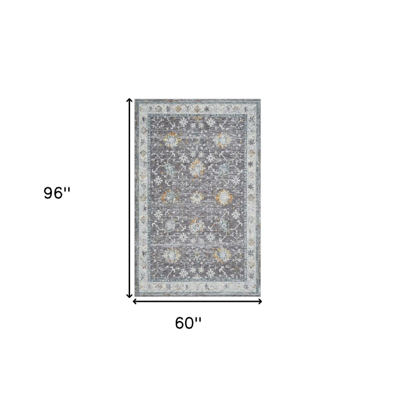 5' X 8' Gray and Ivory Floral Area Rug Homeroots Home Decor