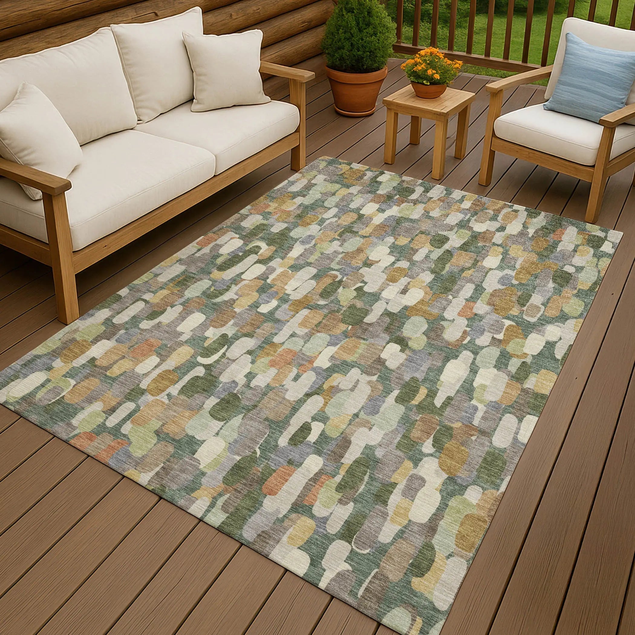 5' X 8' Green And Beige Abstract Washable Indoor Outdoor Area Rug Homeroots Outdoor