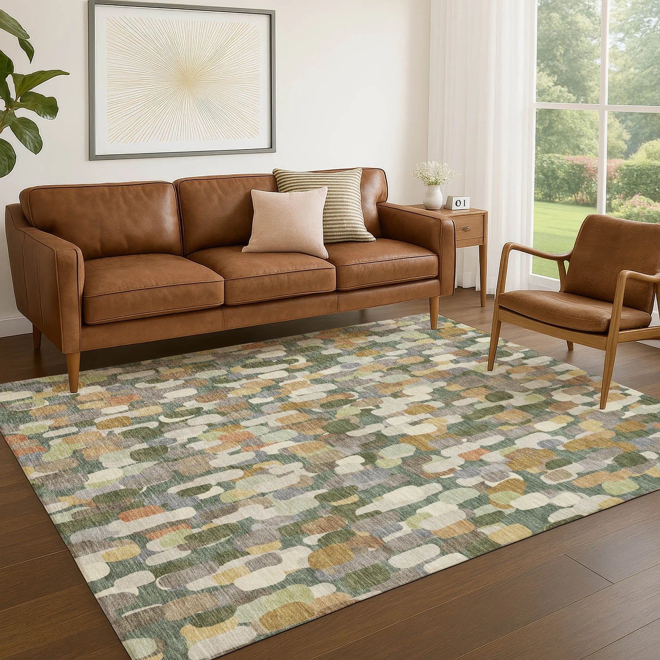 5' X 8' Green And Beige Abstract Washable Indoor Outdoor Area Rug Homeroots Outdoor