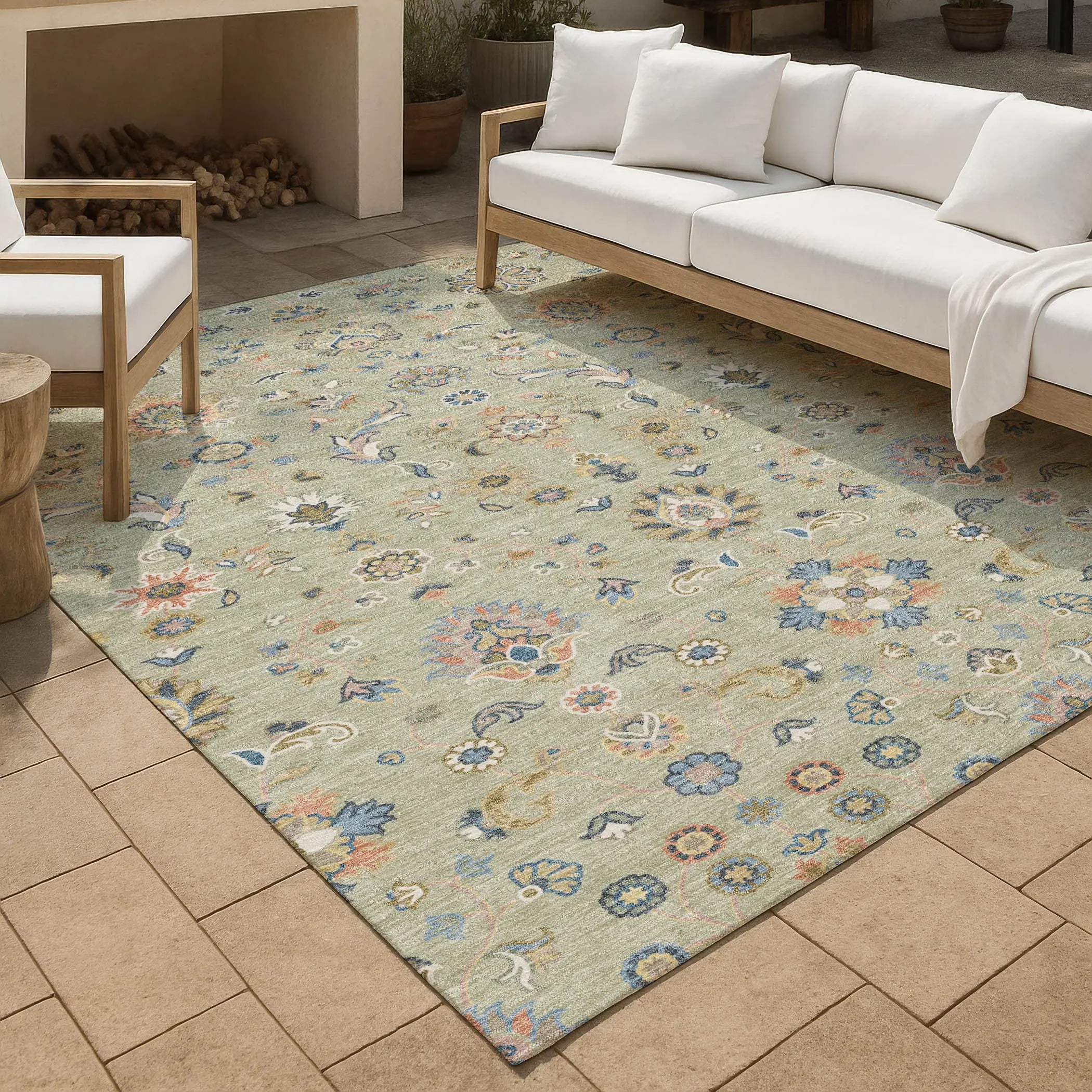 5' X 8' Green And Beige Abstract Washable Indoor Outdoor Area Rug Homeroots Outdoor
