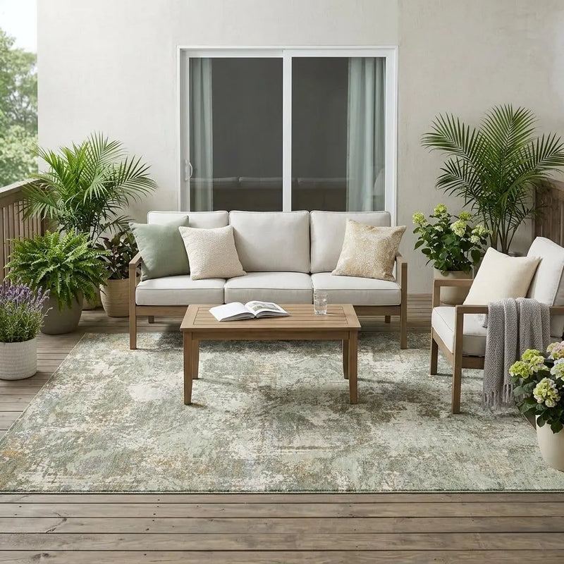 5' X 8' Green And Beige Abstract Washable Indoor Outdoor Area Rug Homeroots Outdoor