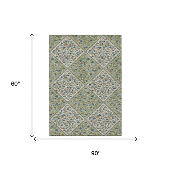 5' X 8' Green And Beige Abstract Washable Indoor Outdoor Area Rug Homeroots Outdoor