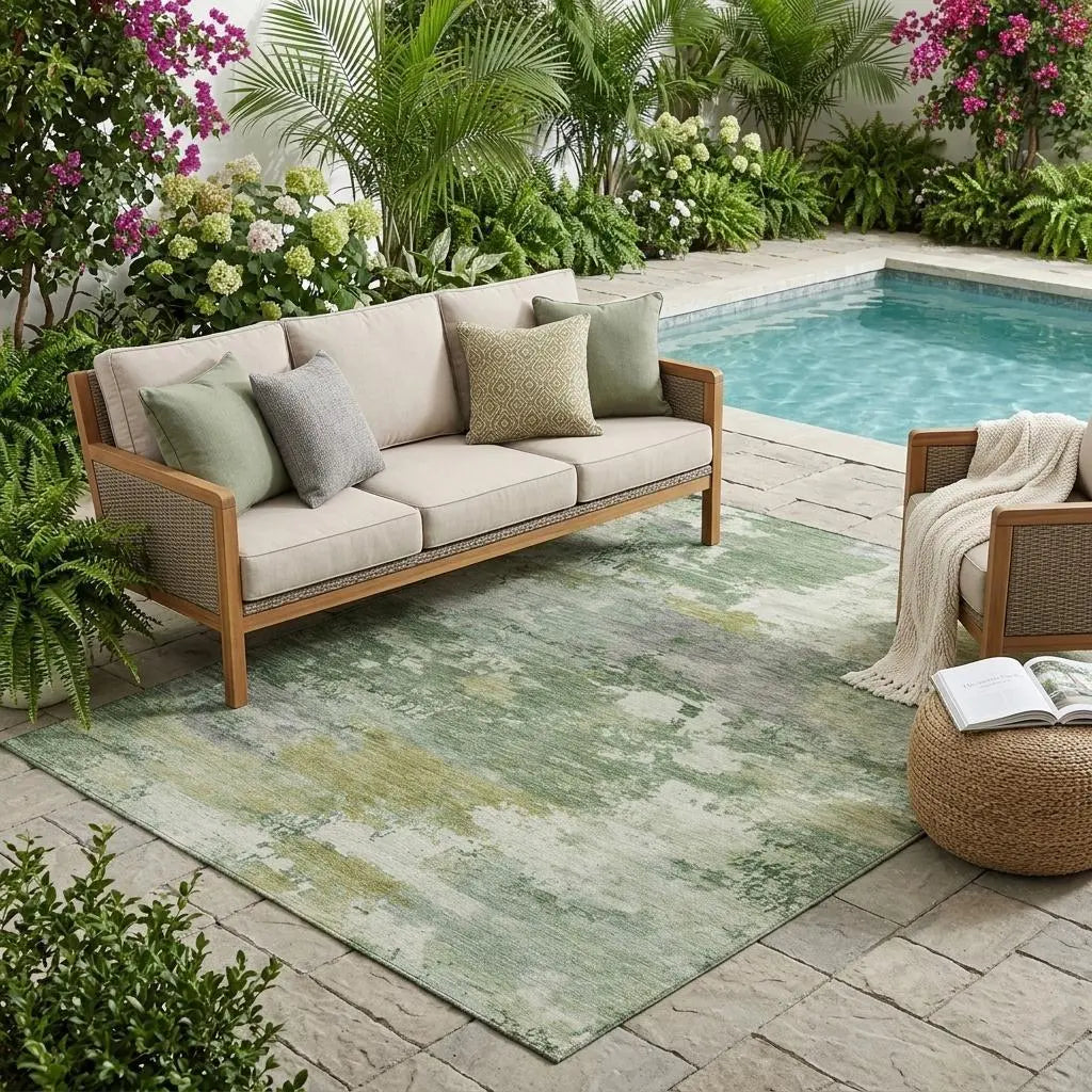 5' X 8' Green And Beige Abstract Washable Indoor Outdoor Area Rug Homeroots Outdoor