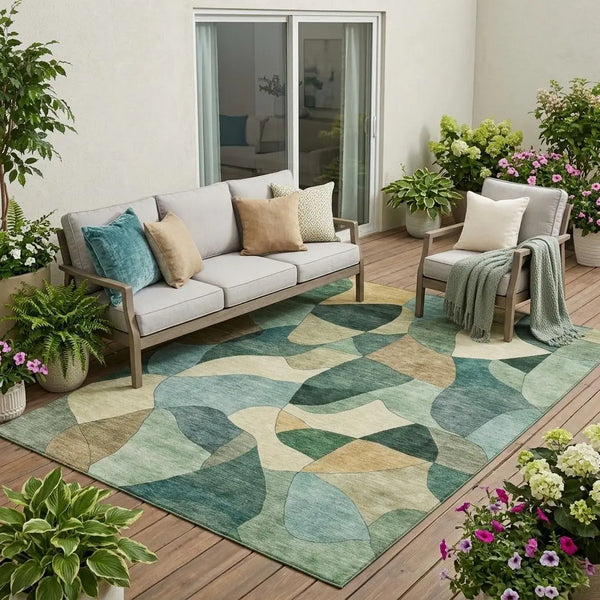 5' X 8' Green And Beige Abstract Washable Indoor Outdoor Area Rug Homeroots Outdoor