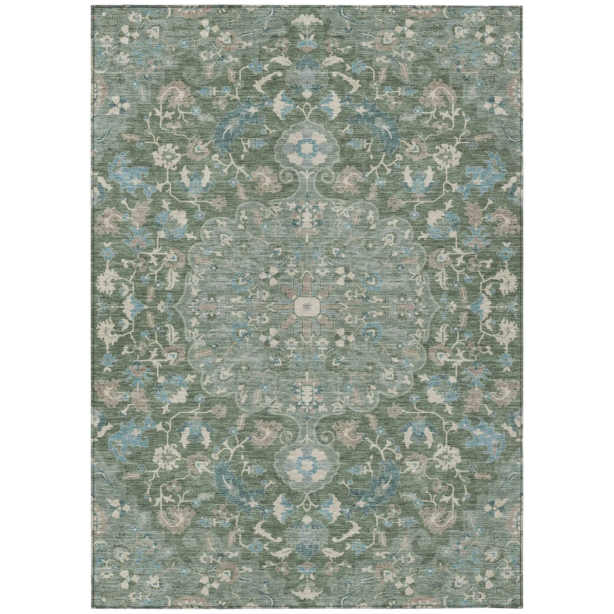 5' X 8' Green And Beige Floral Medallion Washable Indoor Outdoor Area Rug Homeroots Outdoor