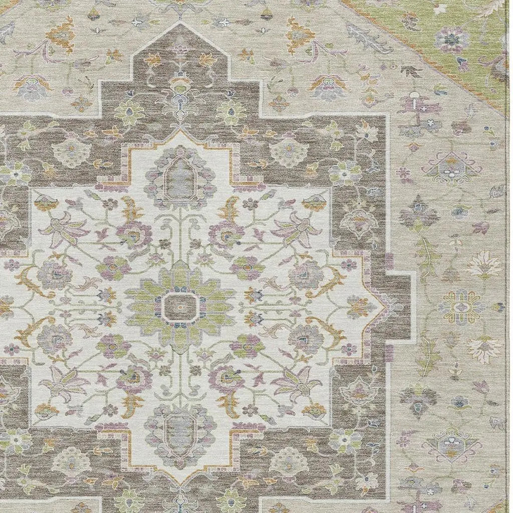5' X 8' Green And Beige Floral Medallion Washable Indoor Outdoor Area Rug Homeroots Outdoor