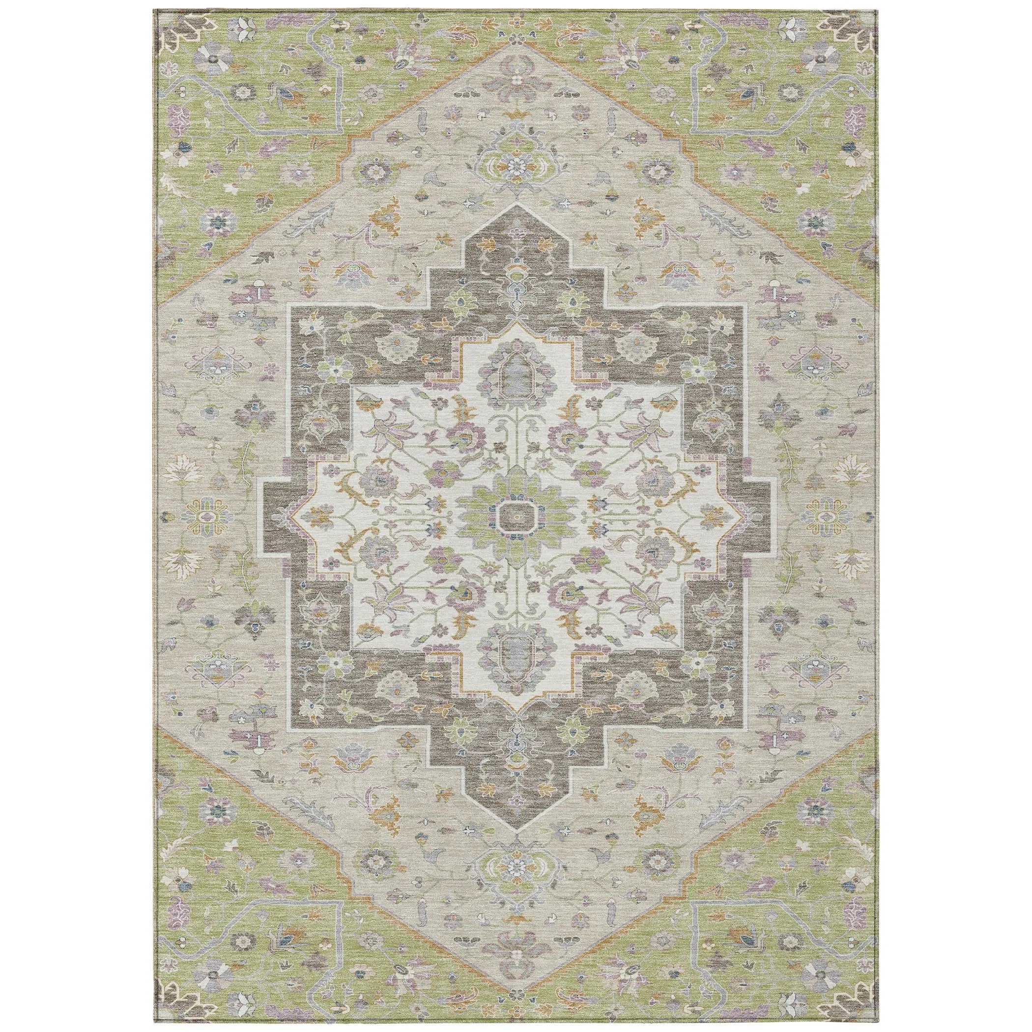 5' X 8' Green And Beige Floral Medallion Washable Indoor Outdoor Area Rug Homeroots Outdoor